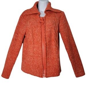 LIN Woman Wool Mohair Sweater Jacket Fits‎ M/L Orange Full Zip Boho Big Zipper